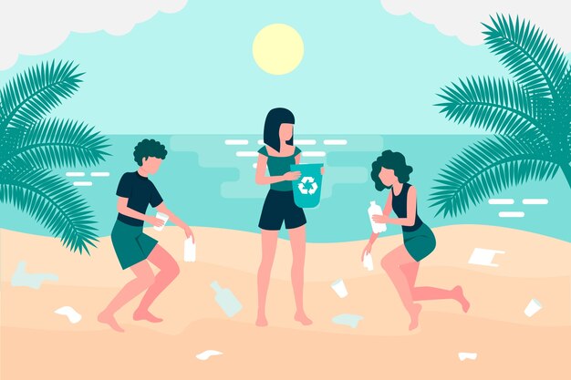 Иллюстрация молодых людей, уборка пляжа