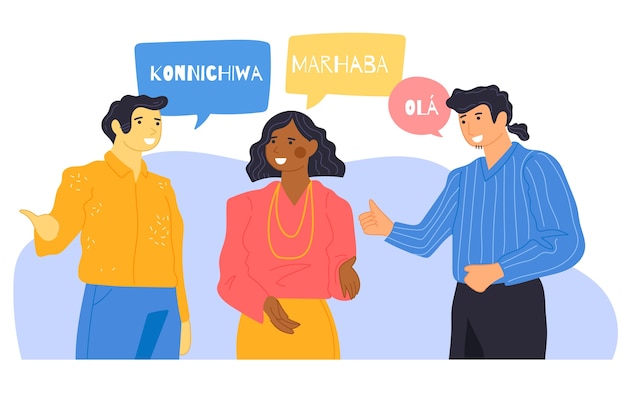 Illustration of young people talking in different languages