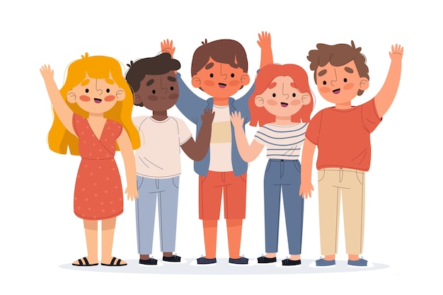 Illustration of young people waving hand set