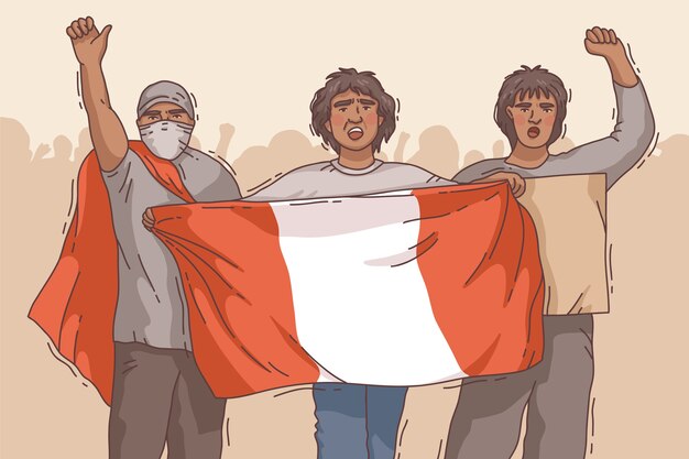 깃발을 든 젊은 페루 사람들의 그림