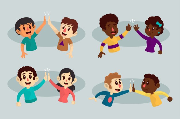 Illustrations of young people giving high five set