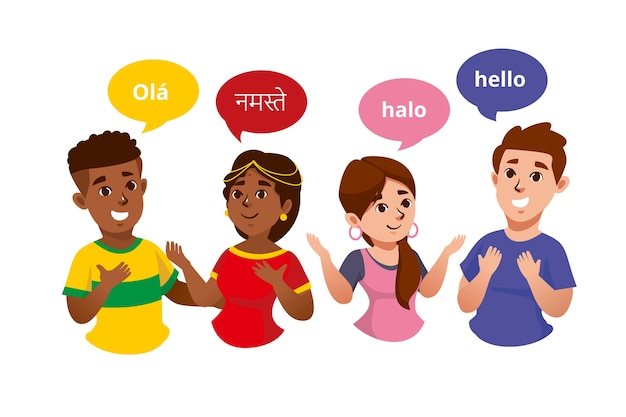 Illustrations of young people talking in different languages group