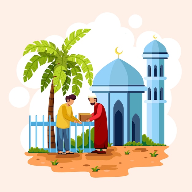 Free vector imam presents the quran to islamic believers in front of the mosque. the crescent and dome of the islamic mosque