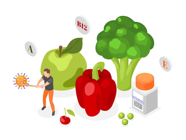 Бесплатное векторное изображение Иммунная система укрепляет изометрическую композицию здорового питания с овощами, фруктами, бутылкой витаминов и векторной иллюстрацией человека, борющегося с вирусом