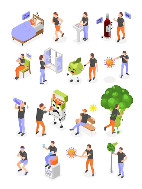 Free vector immune system boost heathy nutrition active lifestyle hydration good sleep no bad habits isometric icons set isolated vector illustration