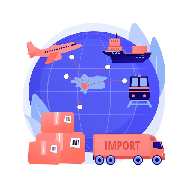 商品やサービスの輸入抽象的な概念ベクトルイラスト。国際的な販売プロセス、材料資源、国内投資、海運、貿易収支、所得の抽象的な比喩。