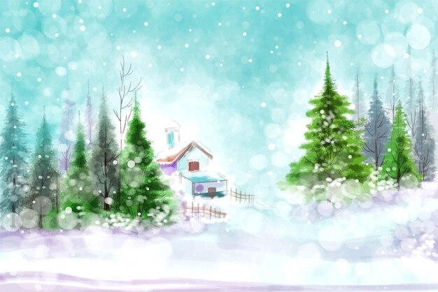 雪のカードの背景を持つ冬の風景の印象的なクリスマスツリー