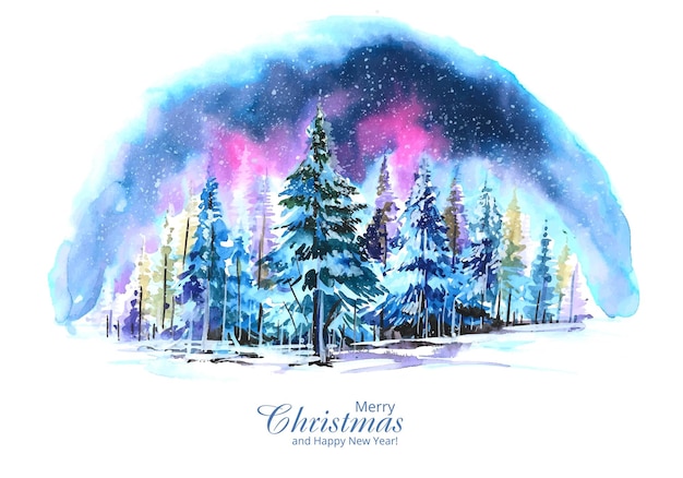 雪のカードの背景を持つ冬の風景の印象的なクリスマスツリー