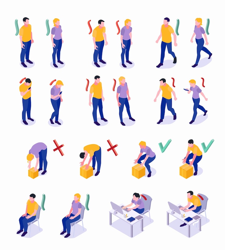 Free Vector improper correct posture maintaining with good body parts alignment walking sitting lifting objects isometric set vector illustration