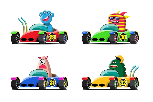 Бесплатное векторное изображение В гонках на скорость, игрок-водитель-монстр использовал высокоскоростной автомобиль для победы в гоночной игре.