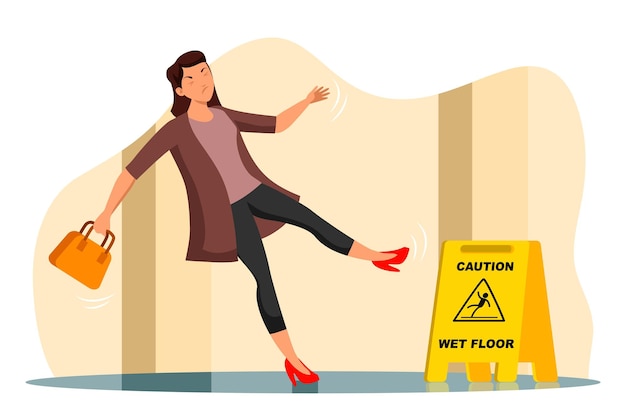 부주의 한 미끄러진 젊은 여자 복도에서 젖은 바닥에 떨어지는 표면에 노란색 정지 앞 경고 표시