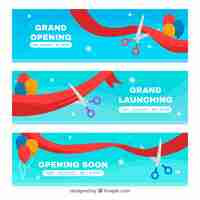 Free vector inauguration banners with balloons, ribbon and scissors