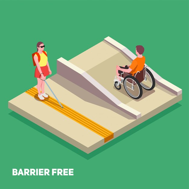 Inclusive education composition with boy in wheelchair and girl with white cane 3d isometric 