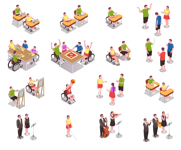 Inclusive education isometric icons set with disabled people in different situations at school isolated on white  3d 