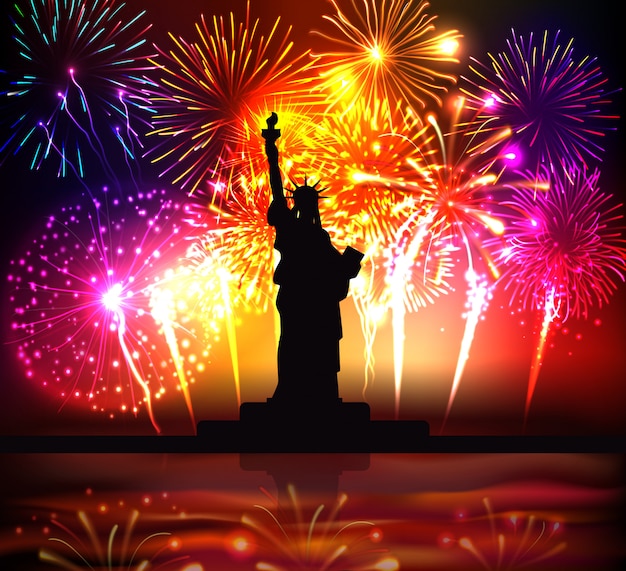 Independence day colorful poster with statue of liberty silhouette on bright festive fireworks realistic illustration