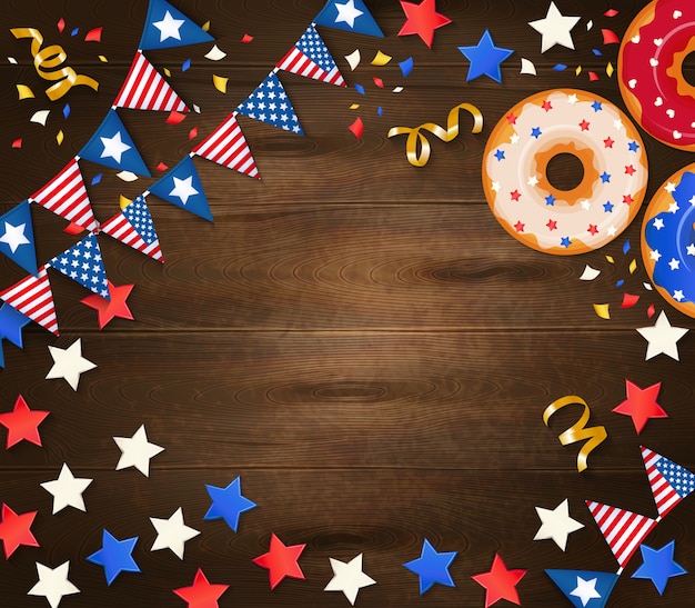 Independence day festive wooden with garlands of national flags\
confetti stars and pastry realistic illustration