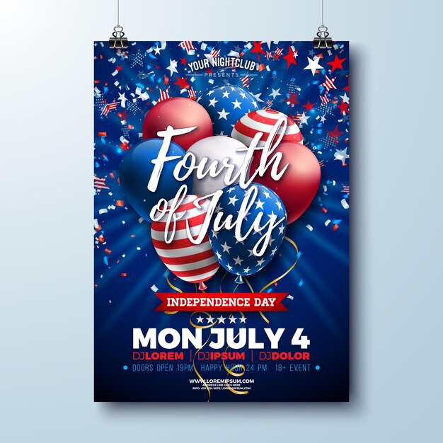 Дизайн флаера ко Дню независимости США с воздушным шаром и конфетти с изображением американского флага