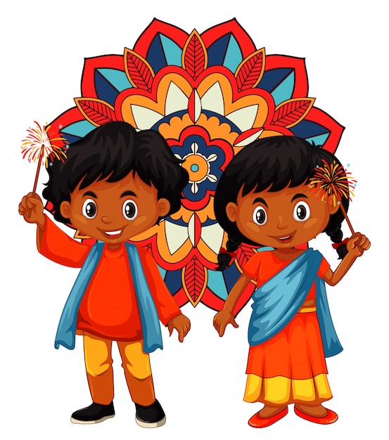 Free vector india boy and girl with mandala