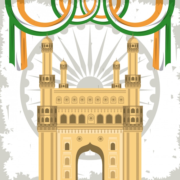 Free vector india gateway monument building with flags