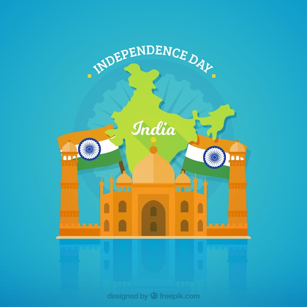 India independence background with taj mahal and flags