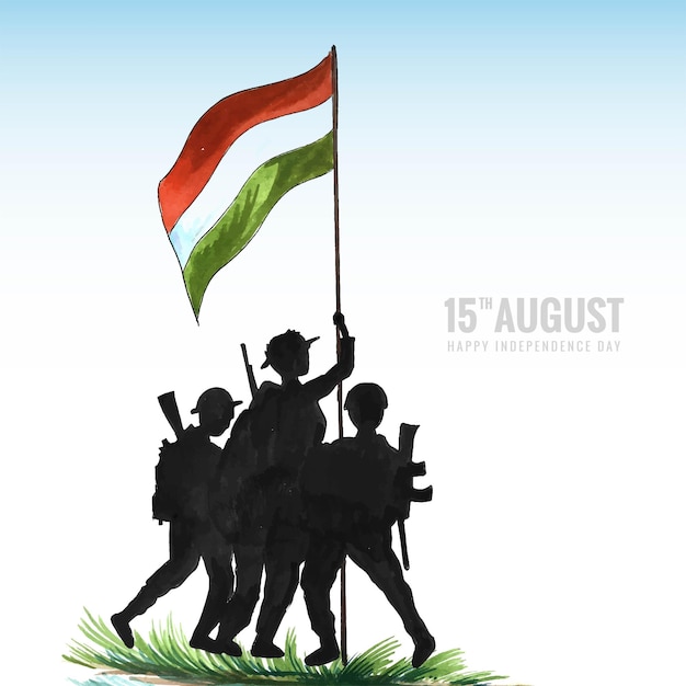 Free vector india independence day background with soldiers hold up indian flag background