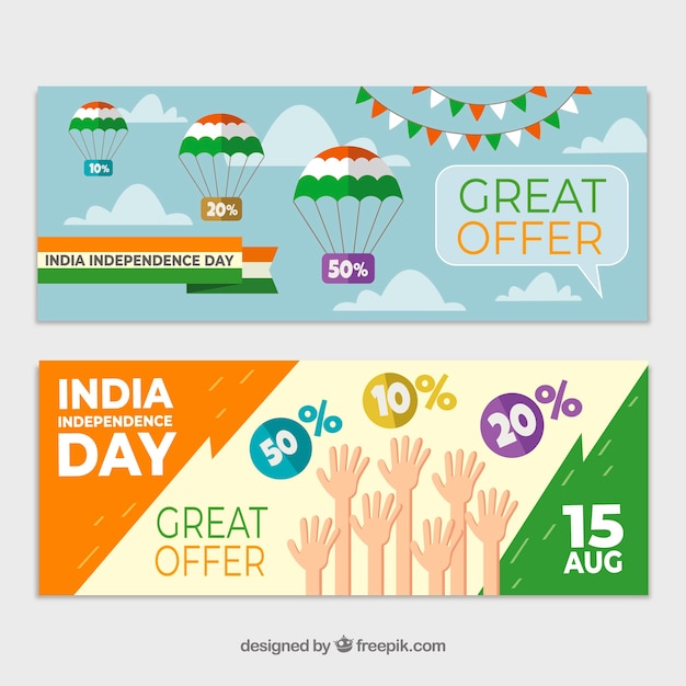 Bandiere di vendita di giorno dell'indipendenza dell'india con design piatto