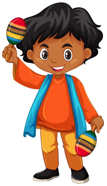 India kid holding maracas on white background