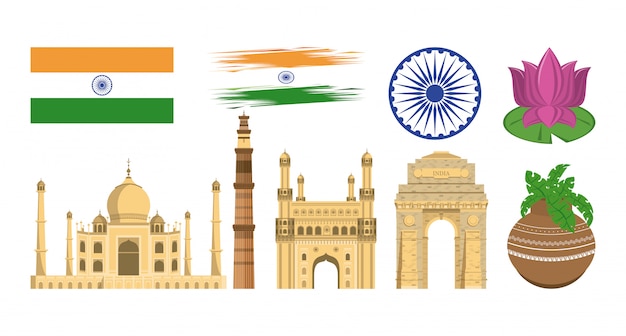 Free vector india set of monuments and emblems icons