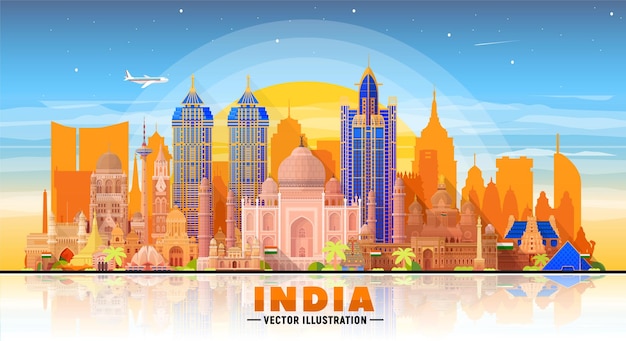 Orizzonte dell'india con panorama sullo sfondo del cielo illustrazione vettoriale viaggi d'affari e concetto di turismo con edifici moderni collage dalle più grandi città dell'india