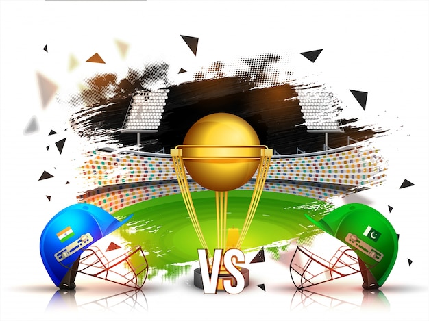 India VS Pakistan Cricket Match concept с бэтсменскими шлемами и золотым трофеем на фоне стадиона.