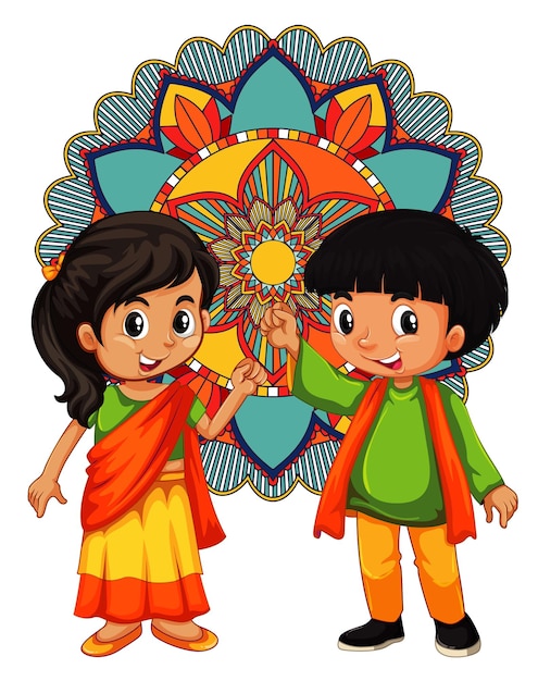 Indian boy and girl with mandala in background