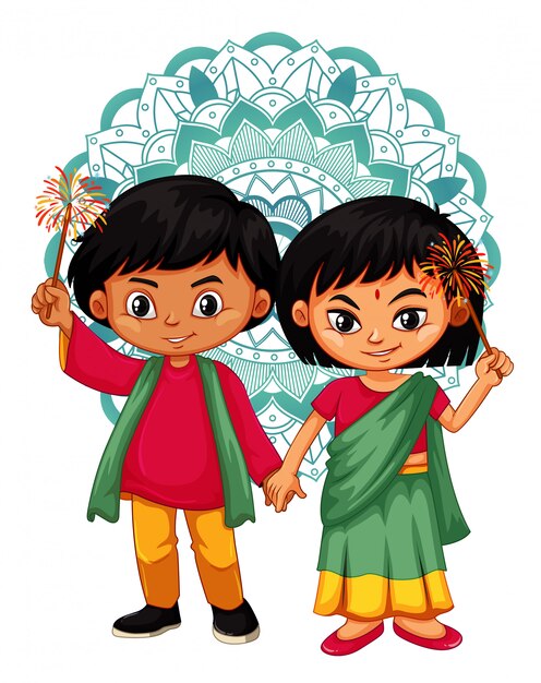 Индийский мальчик и девочка с дизайном мандалы