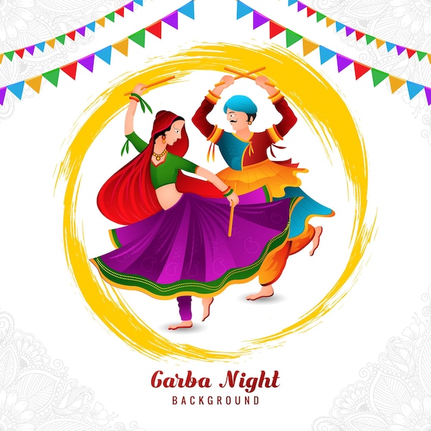 Free vector indian couple playing garba in dandiya night navratri dussehra festival of celebration background