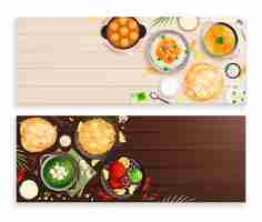 Free vector indian cuisine set of two horizontal banners with flat top view images of plates with food vector illustration