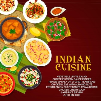 Обложка меню вектора индийской кухни, блюда индии