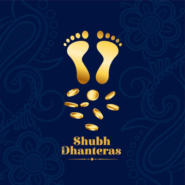 Vettore gratuito biglietto di auguri culturale indiano shubh dhanteras con la dea dorata charan e il vettore di monete