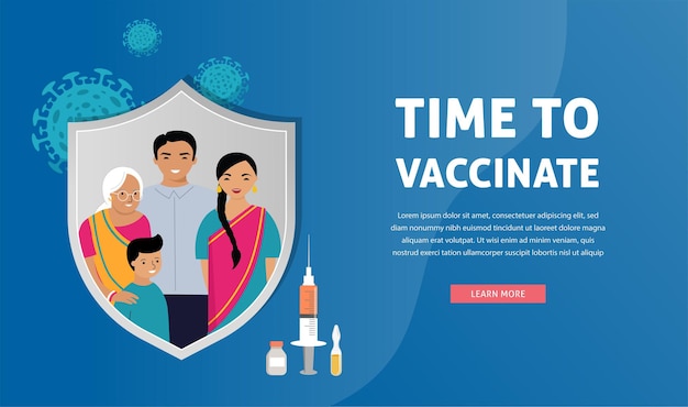 コロナ​インフルエンザ​の​ワクチン​で​バナー​注射器​に​ワクチン​接種する​インド​の​家族​の​予防​接種​の​概念​設計​時間