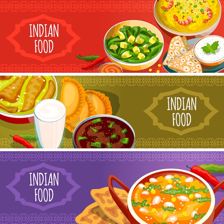 Free Vector  indian food horizontal banners set 