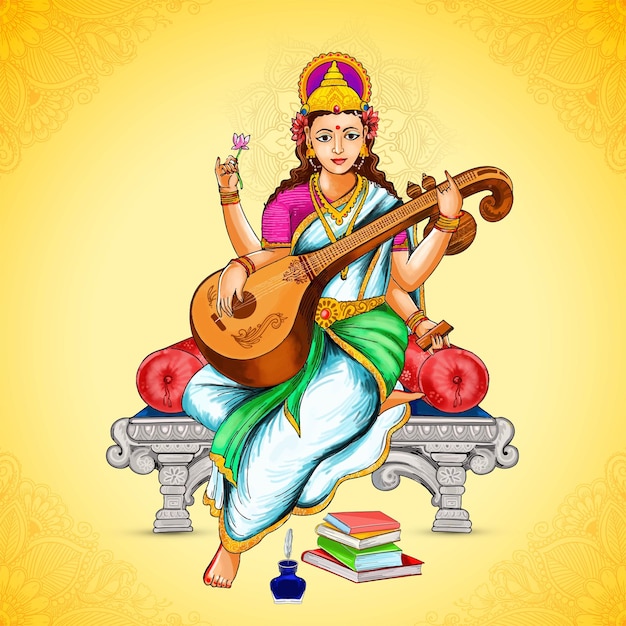 Free vector indian god saraswati maa on vasant panchami religious card design