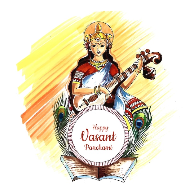 Free vector indian god saraswati maa on vasant panchami religious festival background