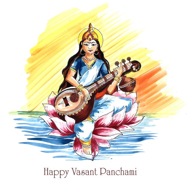 Free vector indian god saraswati maa on vasant panchami religious festival background