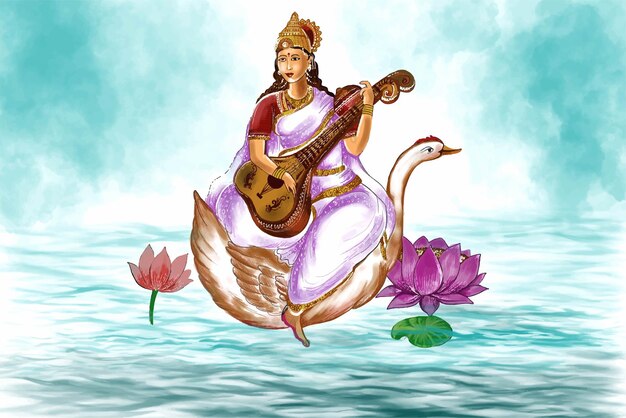 Free Vector indian god saraswati maa on vasant panchami religious festival background