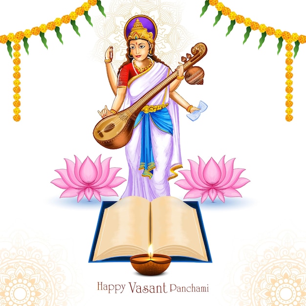 Free vector indian god saraswati maa on vasant panchami religious festival background