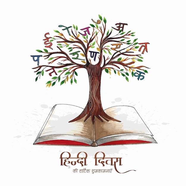 Indian hindi diwas hindi book on tree alphabets or words background