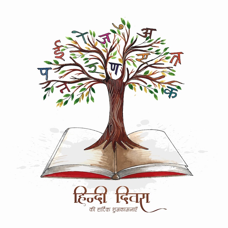 Free Vector indian hindi diwas hindi book on tree alphabets or words background