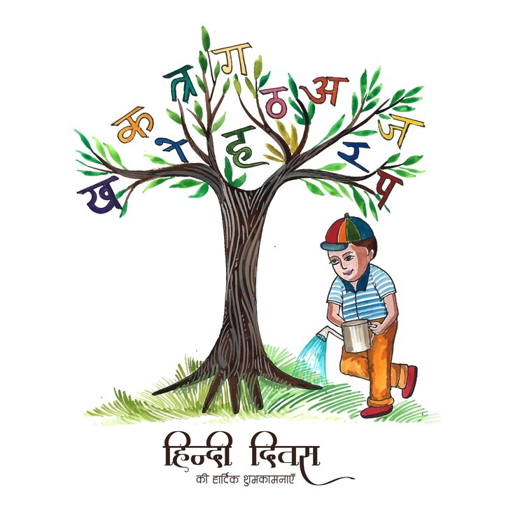 मुफ़्त वेक्टर भारतीय हिंदी दिवस हिंदी बुक ऑन ट्री अल्फाबेट्स ऑर वर्ड्स बैकग्राउंड