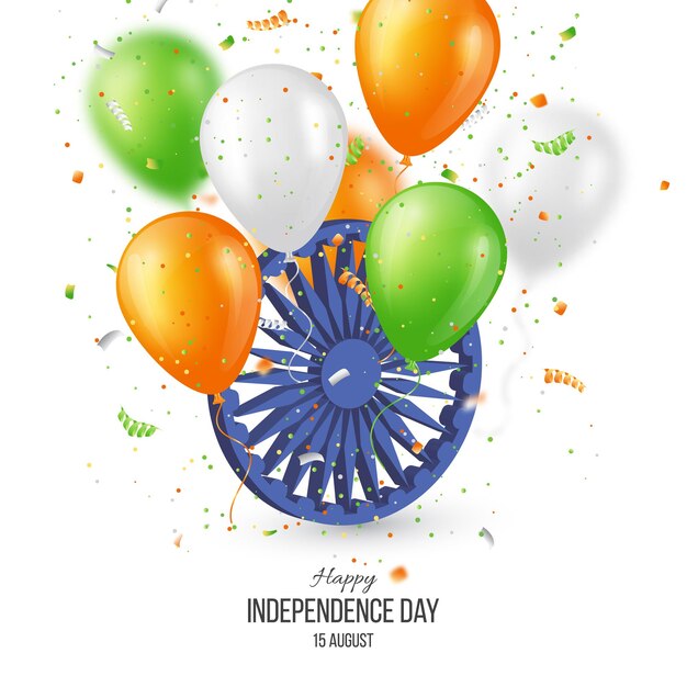 Предпосылка праздника дня независимости Индии. 3D колесо с нечеткими воздушными шарами и конфетти в традиционном триколоре индийского флага. Векторная иллюстрация.