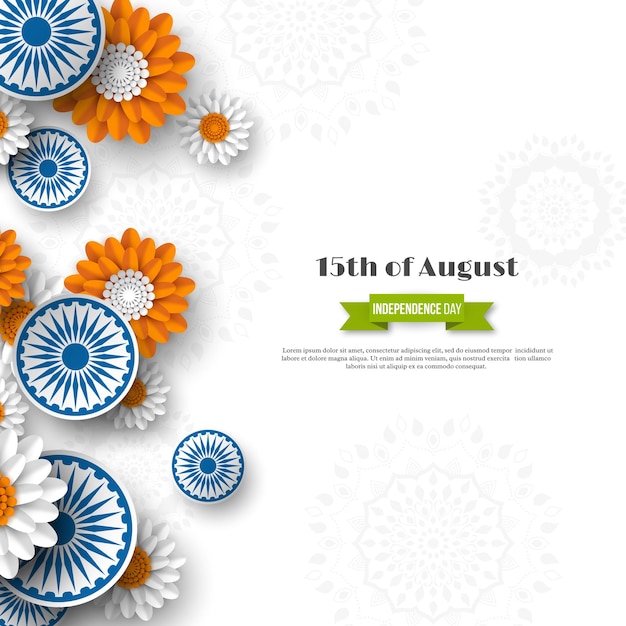 Indian independence day holiday design. 3d wheels with flowers in traditional tricolor of indian flag. paper cut style. white background, vector illustration.
