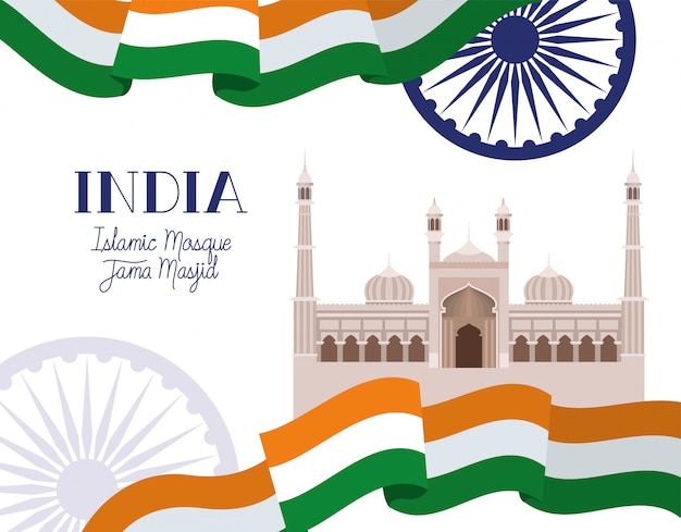 Free vector indian jama masjid temple with flag