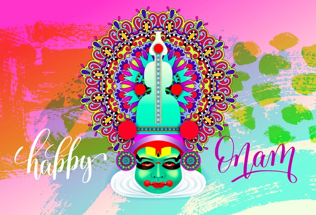 Indian kathakali dancer face decorative modern vector illustration with hand lettering for happy